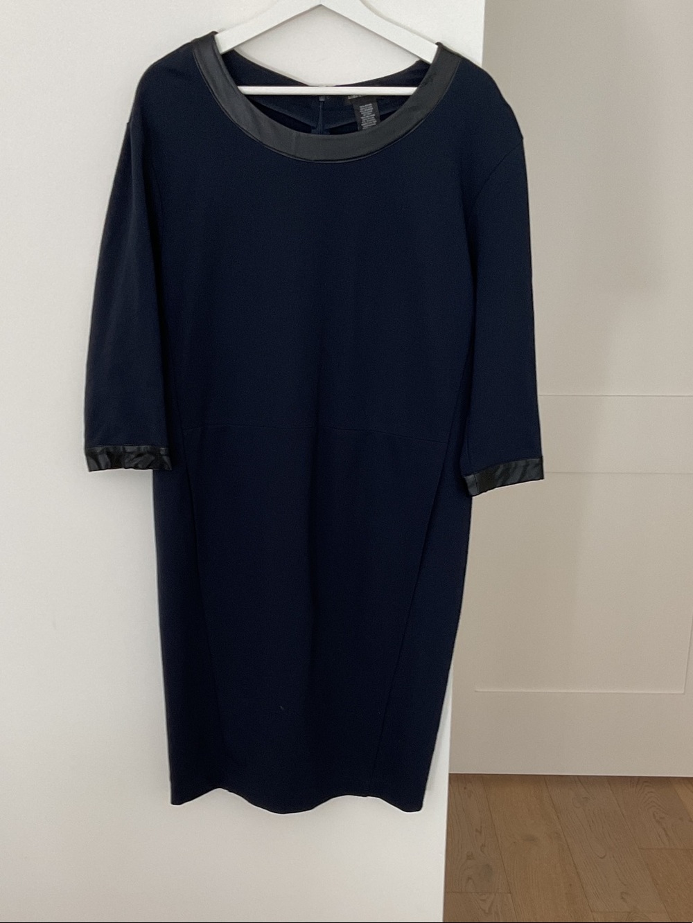 Lord & Taylor Navy Midi Dress with Faux Leather Trim